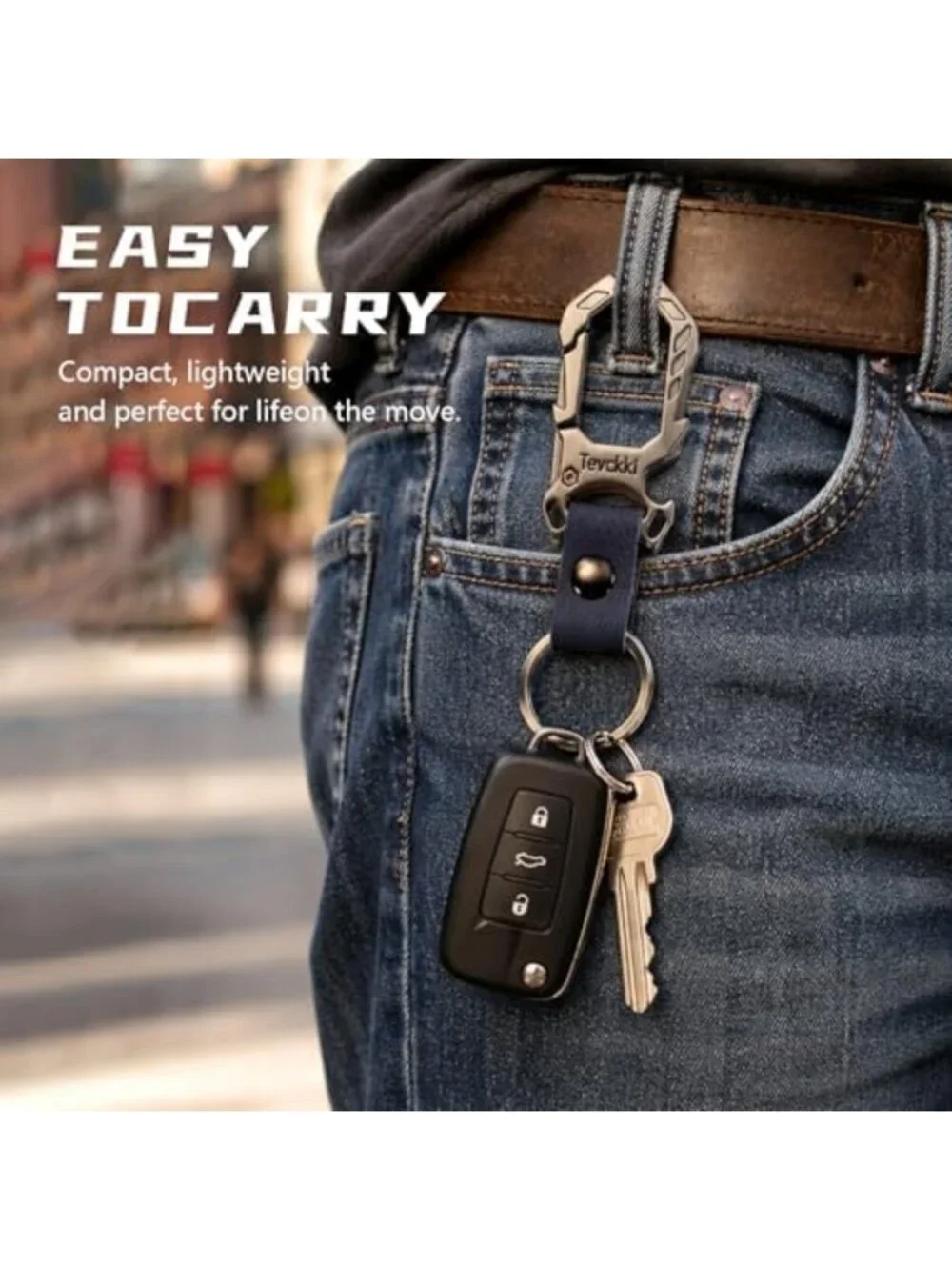 Tactical Leather Keychain with Carabiner, Bottle Opener & Clip - Unisex Key Ring